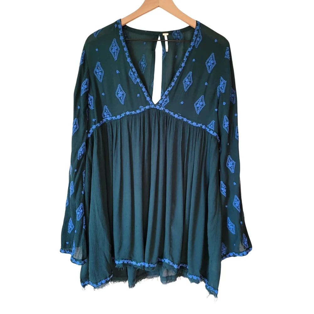 Free People Diamond Embroidered Tunic With Bell Sleeves Size M